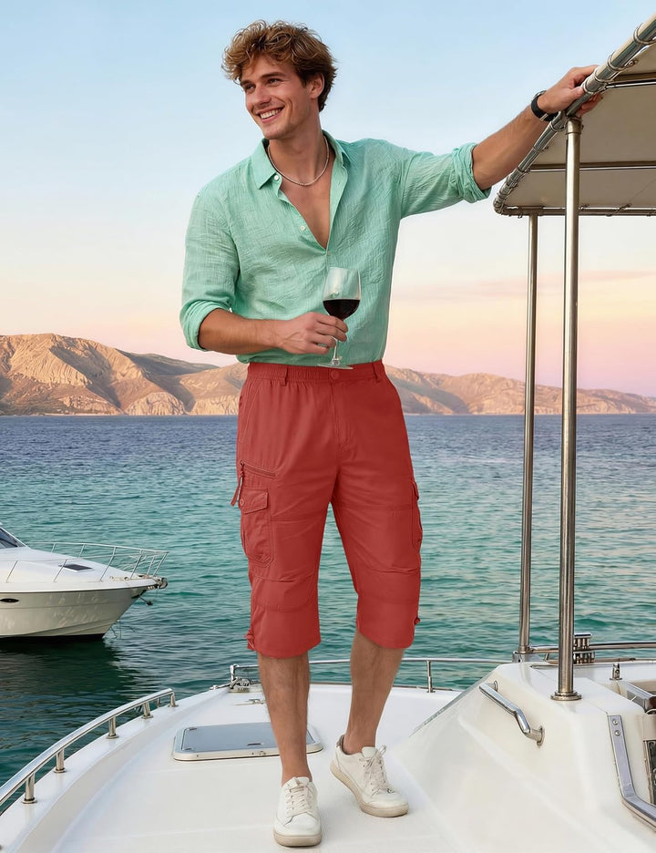 KEFITEVD 3/4 Hose Herren Cargo Shorts Männer Bermuda Shorts Multi Taschen Sommer Kurze Hose Baumwoll