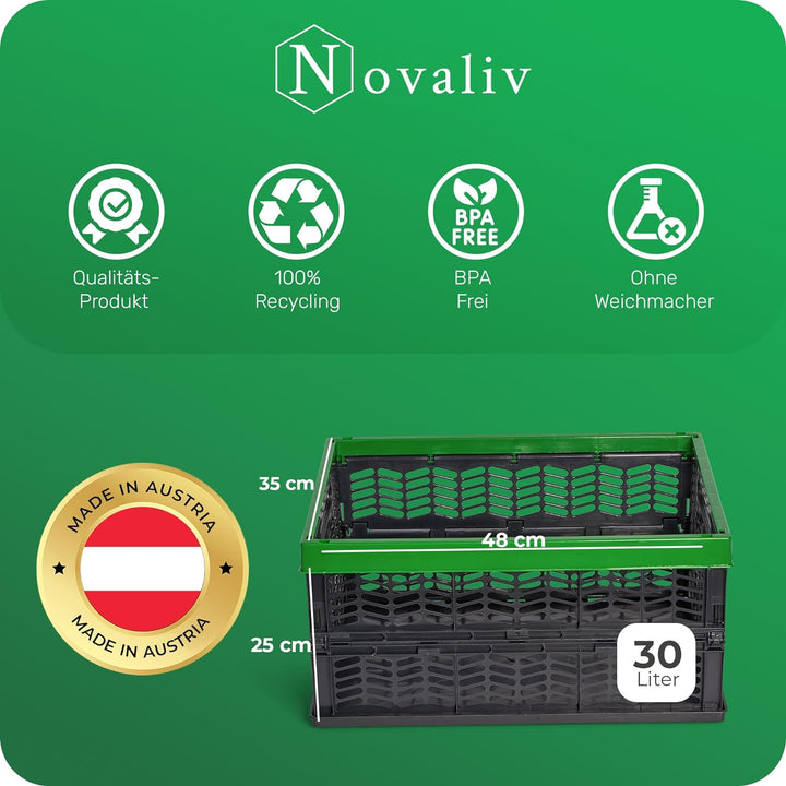 Novaliv Klappboxen faltbar stabil | 6x 30L Grün Schwarz baskets Einkaufskiste| Klappkisten Set Trage