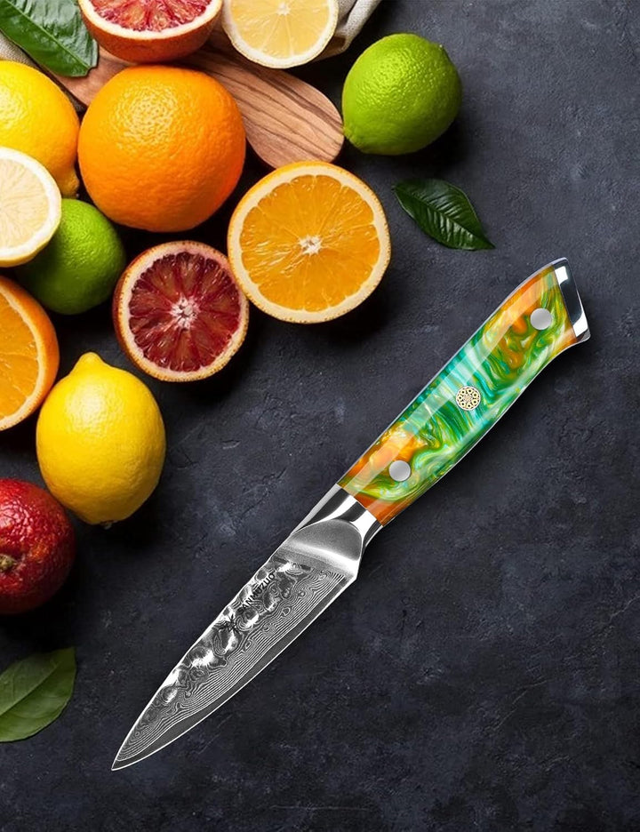 9 cm Paring Messer für Obst und Gemüse Schälmesser, Gehämmertem Damaskus Stahl und Harz Griff - Yao