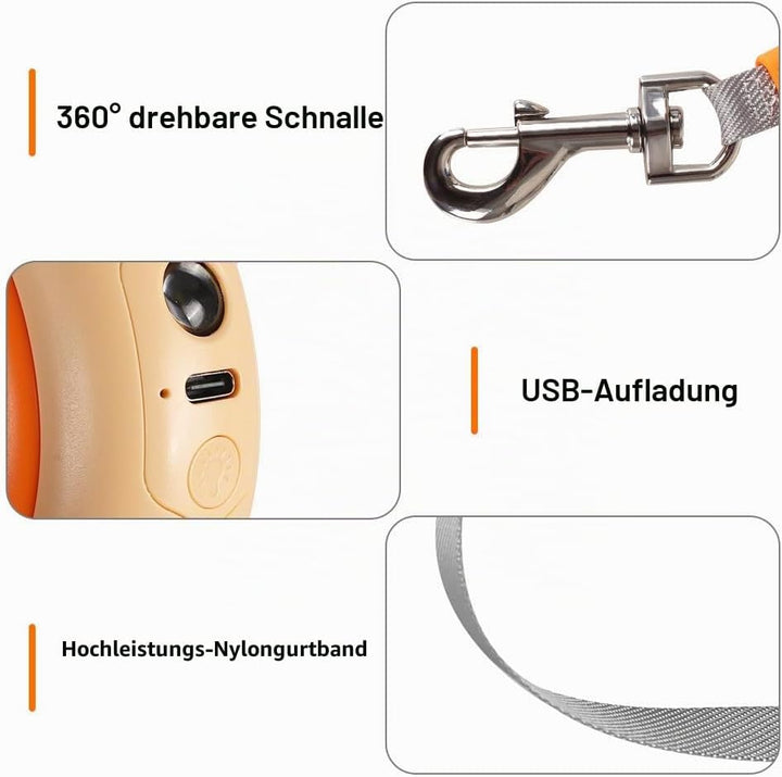 Einziehbare Hundeleine, 4,8m, Robuste Rollleine mit 360°-Drehhaken und LED-Licht, Haustier Leine für