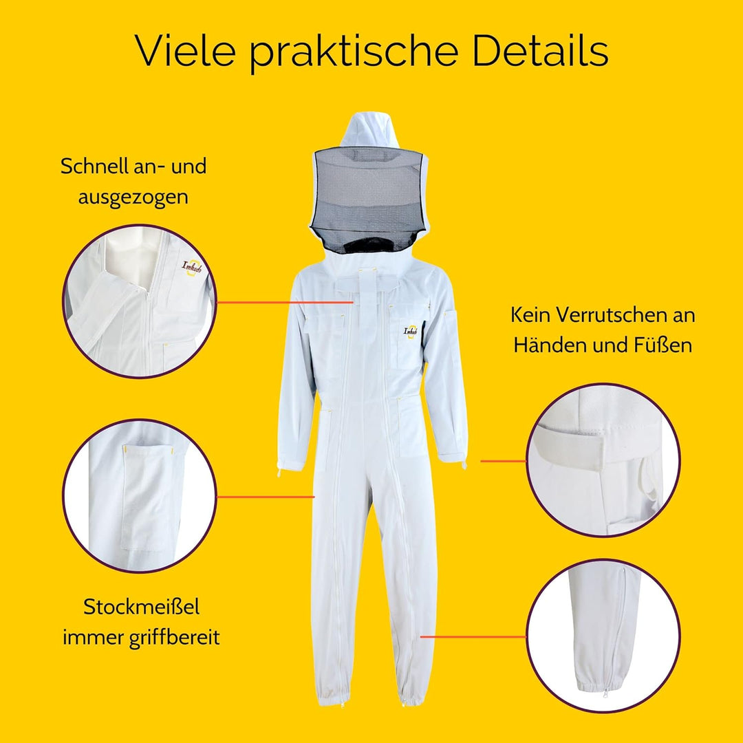 Imkado Imkeranzug, Schutzbekleidung für Imker, schützt vor Bienenstichen (S, Schleier: Rundschleier)