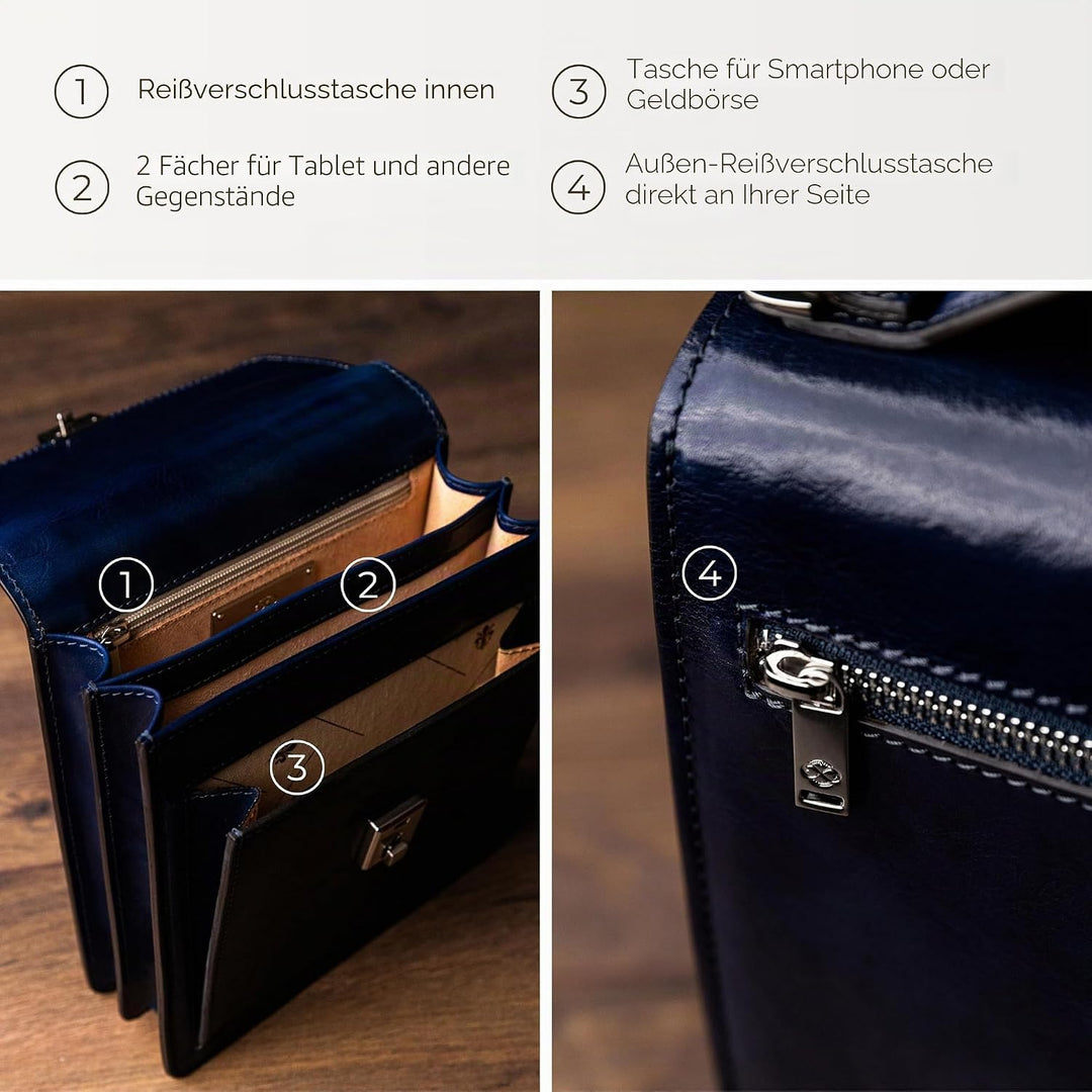 Time Resistance Leder Aktentasche - Leder Tasche Handgefertigt in Italien - Arbeitstasche mit Schult
