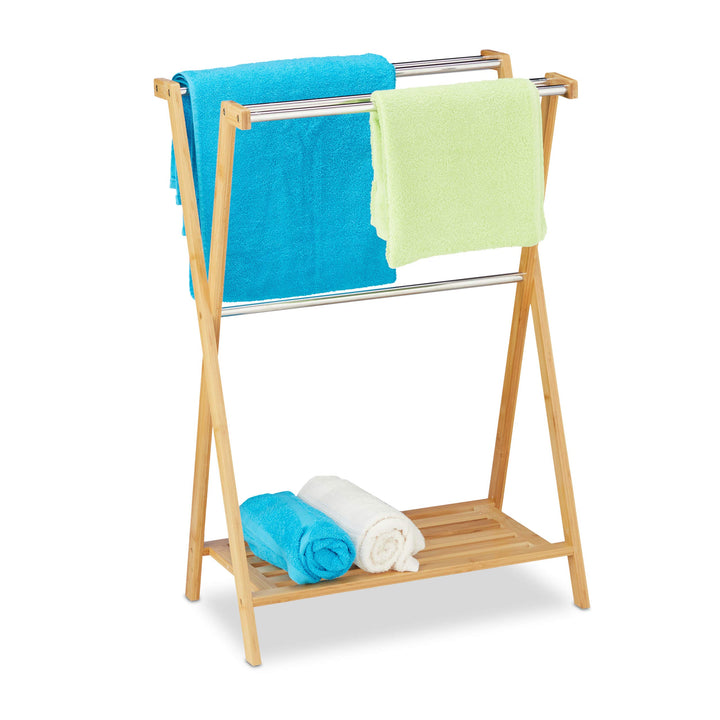 Relaxdays Handtuchhalter stehend, 5 Stangen, Bambus, Edelstahl, Bad Handtuchständer mit Ablage, HBT