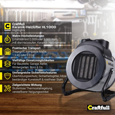 Craftfull Heizlüfter Bauheizer HL1000 | 𝟯 𝐉𝐀𝐇𝐑𝐄 𝐆𝐀𝐑𝐀𝐍𝐓𝐈𝐄 - Keramik Heizstrahler 2000 Watt - Elektroh