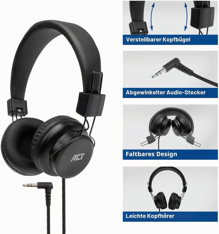 ACT Faltbarer Kopfhörer mit Kabel, On Ear Bugelkopfhörer, 3.5mm Klinkenstecker, Nylon Kabellänge 1.5