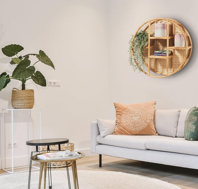 Kobolo Wandregal Hängeregal - Vienna - aus Rattan mit Wiener Geflecht - 4 Ablagen - rund - 60cm