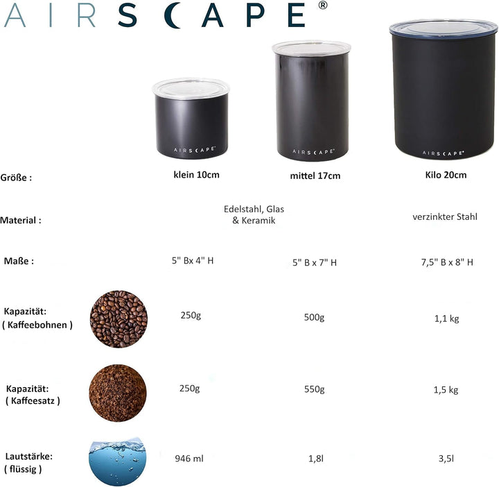 Airscape Kaffee-Aufbewahrungsdose (1,1 kg trockene Bohnen) – grosser Behälter in Kilogrösse, patenti