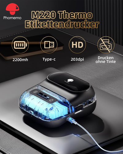 Phomemo M220 Etikettendrucker Beschriftungsgerät, Thermo Bluetooth Tragbarer Etikettenhersteller, Ak