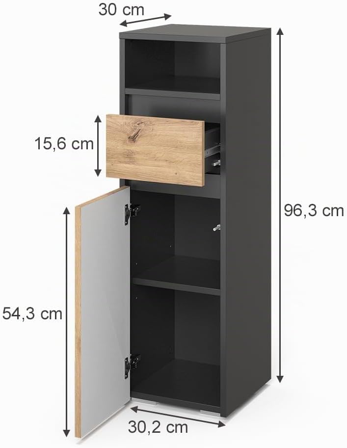 Vicco Midischrank Majest, Artisan, 30.2 x 96.3 cm mit Schublade und Tür, zur Aufbewahrung von Badute