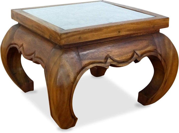 livasia Opiumtisch, Kaffeetisch, Couchtisch, Massivholztisch mit Schnitzerei u. Glasplatte (braun),