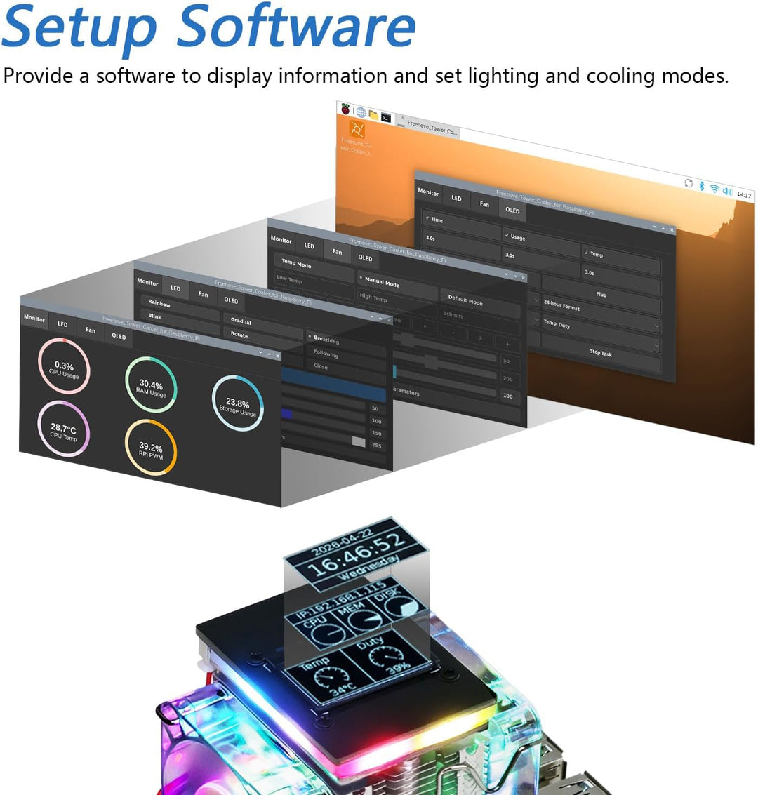 Freenove Active Cooler for Raspberry Pi 5 with 2 Fans and OLED Screen, Aluminum Heatsink with Heat P