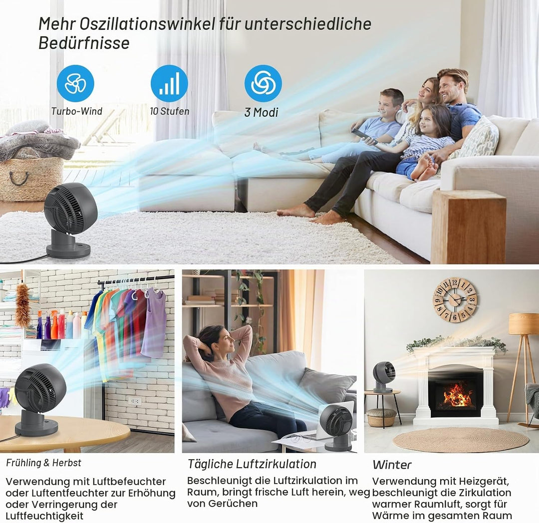MYCARBON Ventilator leise DC Motor 30°/60°/90° Oszillation 10 Stufe 12h Timmer Turbo Modus Tischvent