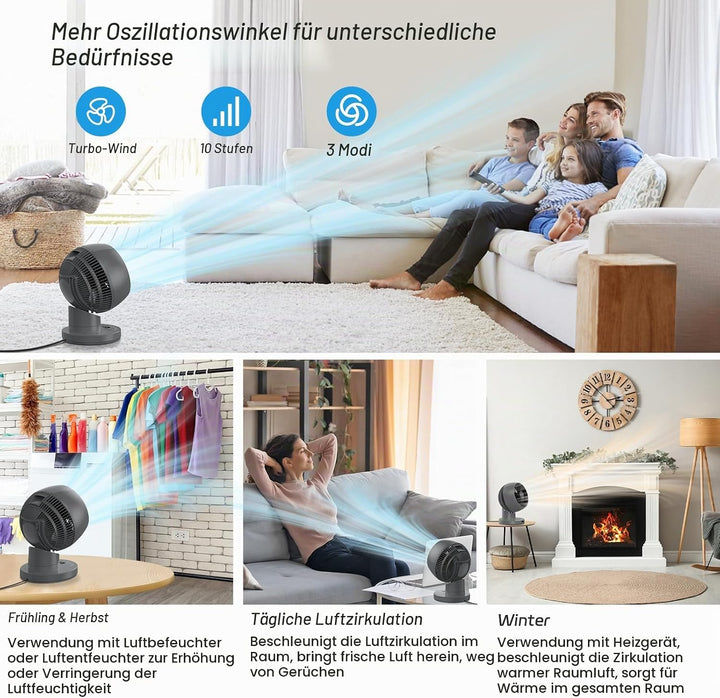 MYCARBON Ventilator leise DC Motor 30°/60°/90° Oszillation 10 Stufe 12h Timmer Turbo Modus Tischvent