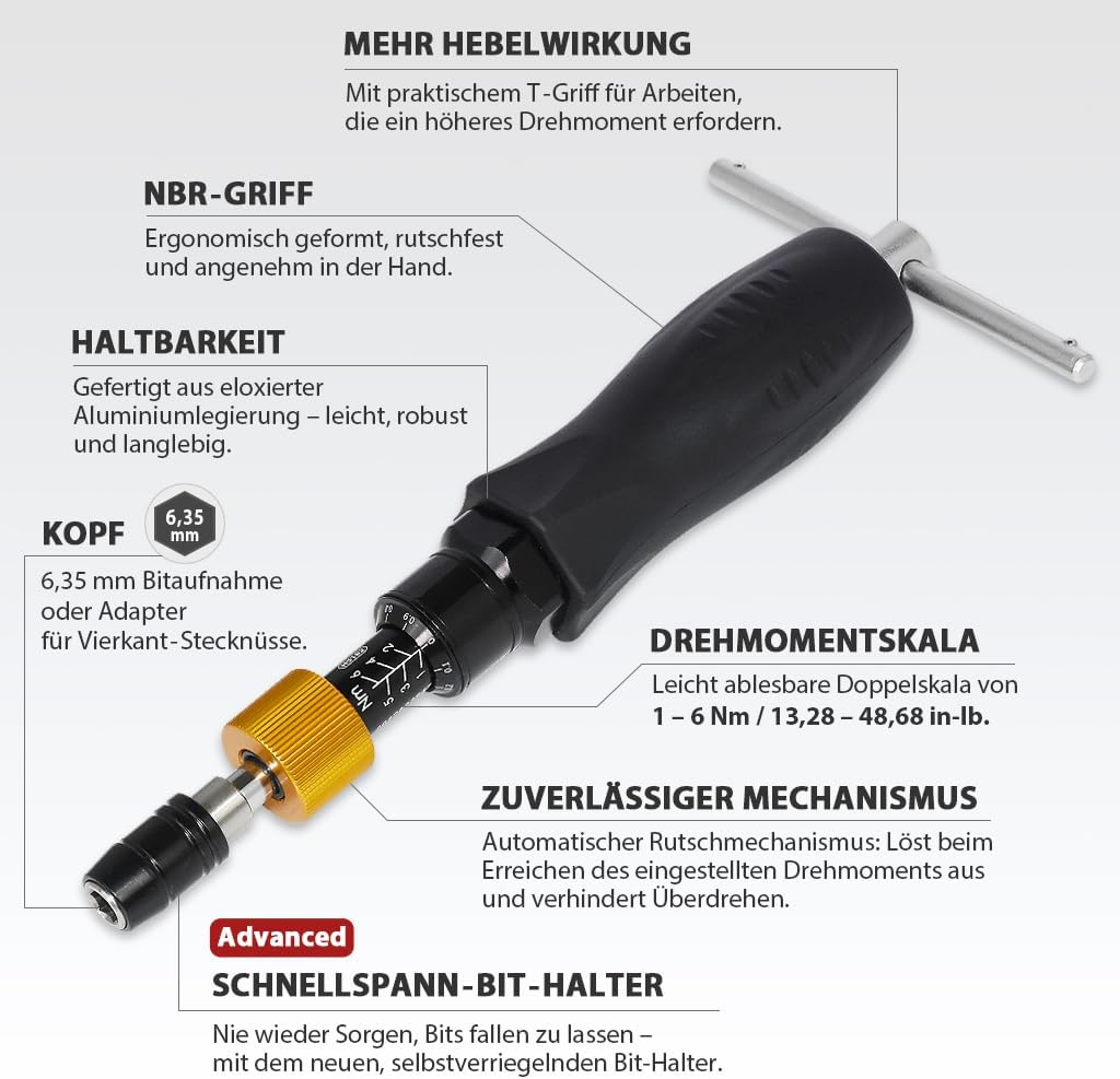 FIRSTINFO H5182 | 1/4 Zoll | 1-6 Nm, 13.28-48.68 in-lbs | Drehmomentschraubendreher | mit Rapidaptor