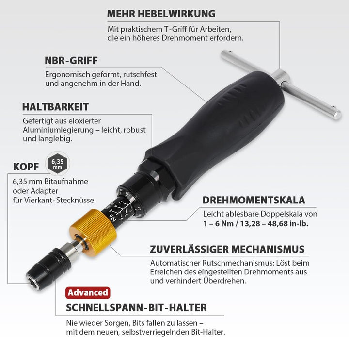 FIRSTINFO H5182 | 1/4 Zoll | 1-6 Nm, 13.28-48.68 in-lbs | Drehmomentschraubendreher | mit Rapidaptor