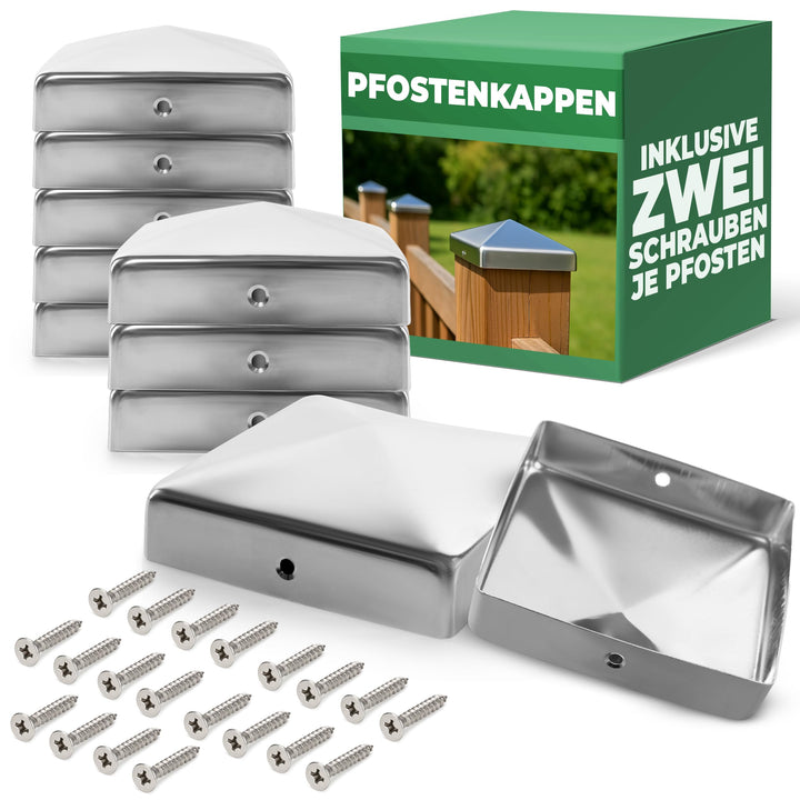 Novatool 10er-Set Edelstahl Pfostenkappen 71x71mm mit Schrauben, Pfostenabdeckung Pfostenkappe 7,1cm