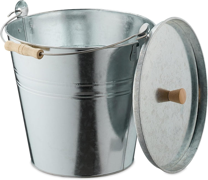 Relaxdays Ascheeimer mit Deckel, 12,5 Liter, Henkel mit Holzgriff, für Kohle & Asche, Kamin, Stahl A