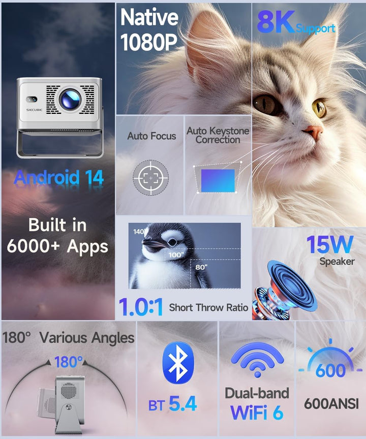 Mini Beamer 4K 8K Unterstützt 1080P Full HD, Android 14 Smart Projektor, WiFi 6 Bluetooth 5.4, Autof