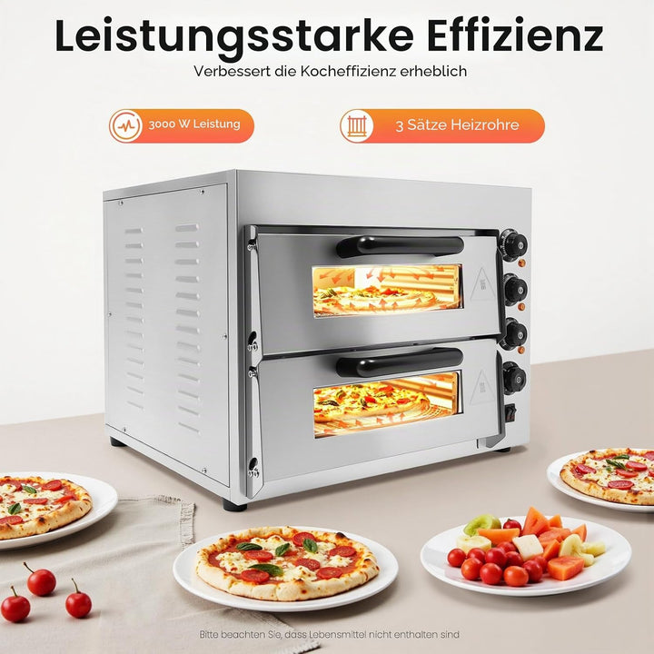 Elektrischer Pizzaofen, 3000W 2 Etagen Pizza-Ofen Kommerzieller Pizzaofen Edelstahl Elektrisch Gastr