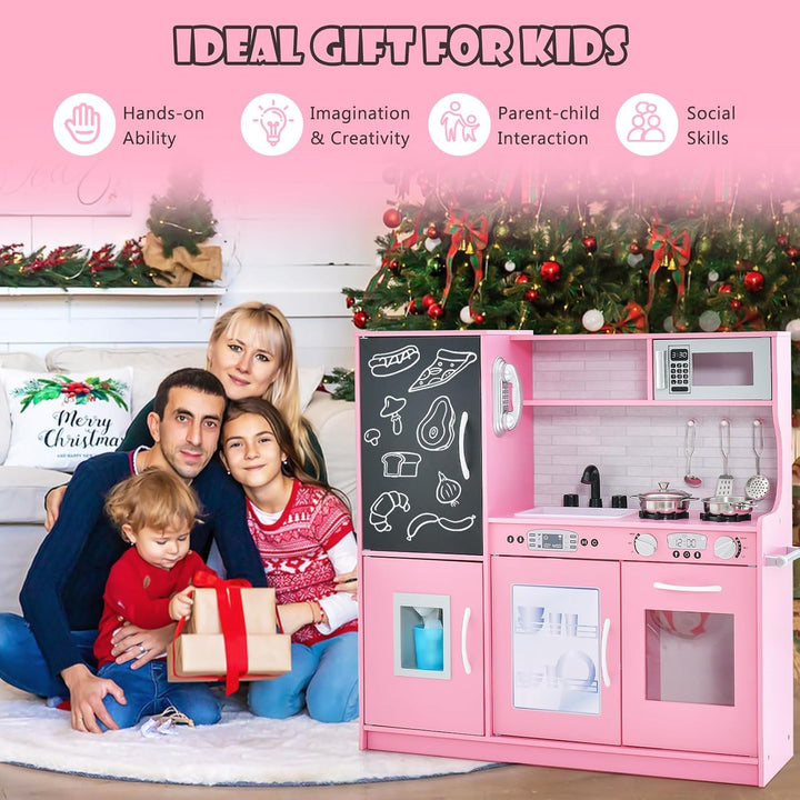 HOMASIS Spielküche mit 10 Zubehör, Kinderküche Holz, Spielzeugküche mit Tafel Spüle Herd Ofen Mikrow