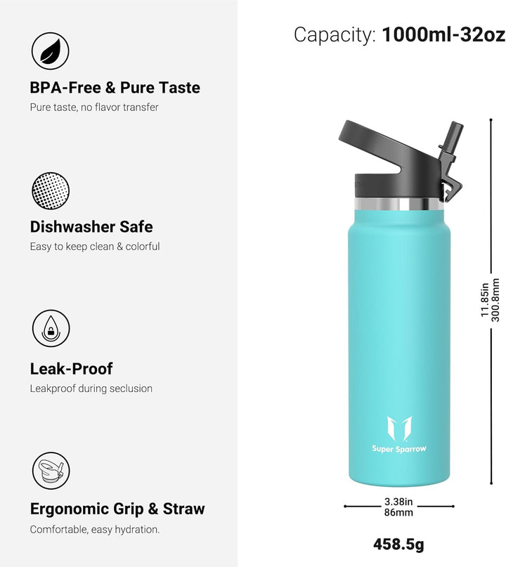 Super Sparrow Trinkflasche Edelstahl 1000ml - Breite Öffnung SwivelSip Thermosflasche - BPA-Frei The
