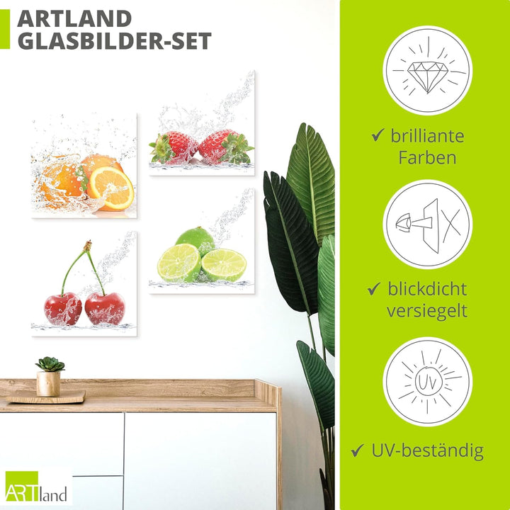 ARTland Glasbilder Wandbild Glas Bild Set 4 teilig je 20x20 cm Quadratisch Früchte im Wasser Obst Fr