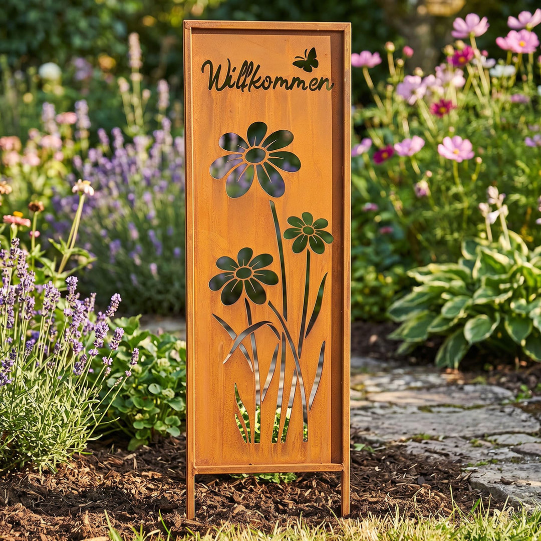 levandeo Gartenstecker Willkommen H83cm Stele Rost Rostdeko Braun Schmetterling Garten-Deko Gartenst