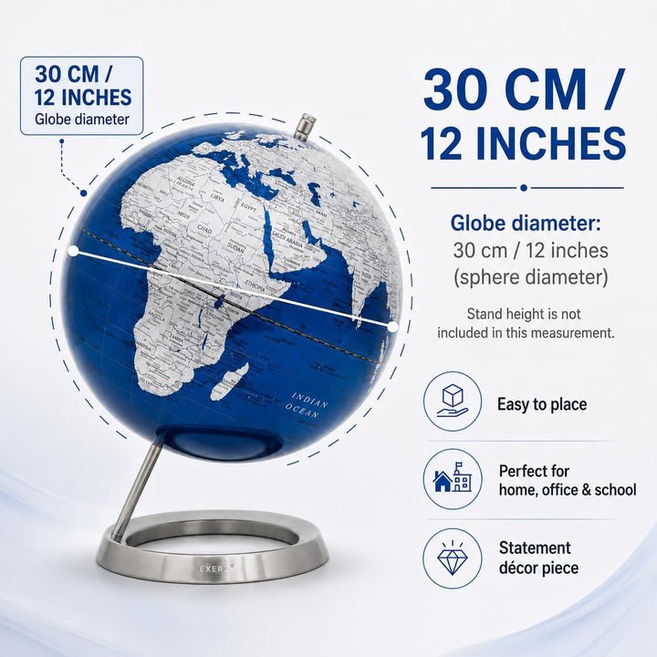 EXERZ 30cm Globus Metallisches Blau mit einem Rostfreier Stahl in Englischer Sprache - Verpackung in