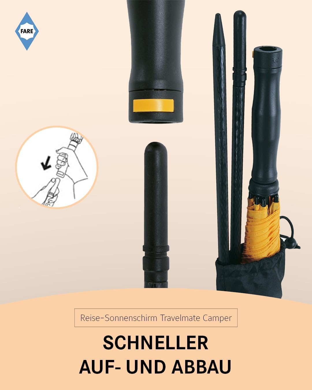 FARE Reise-Sonnenschirm Travelmate Camper UV Schutz 50+ für Koffer Flugzeug Camping Balkon Strand Ga