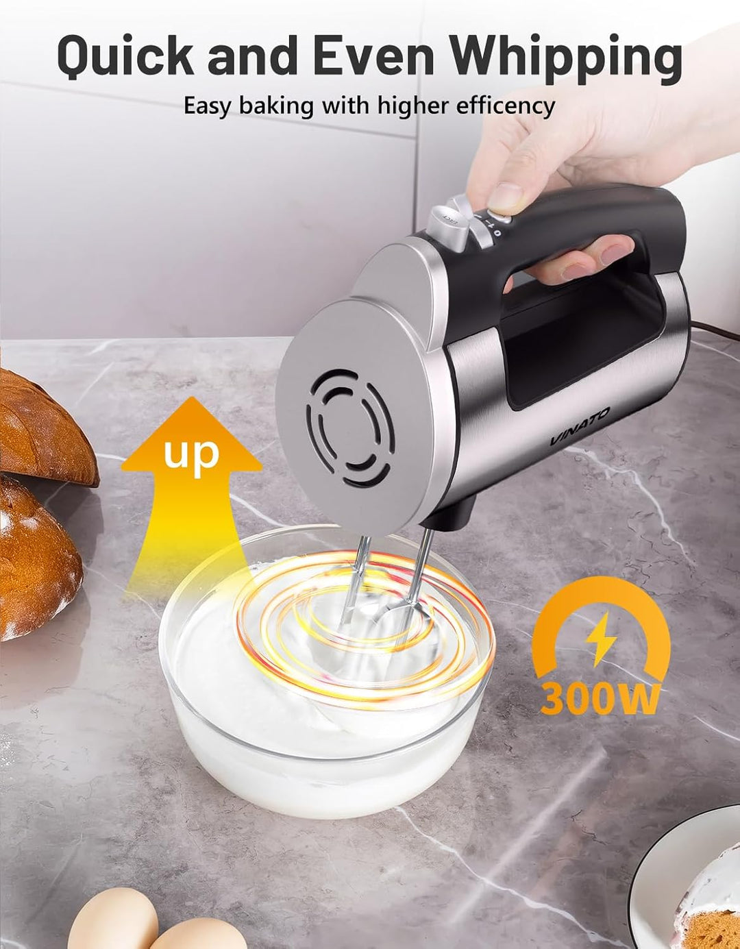 VINATO Elektrischer Handmixer, 300 Watt Handrührgerät mit 5 Geschwindigkeitsstufen, Handrührer mit 2