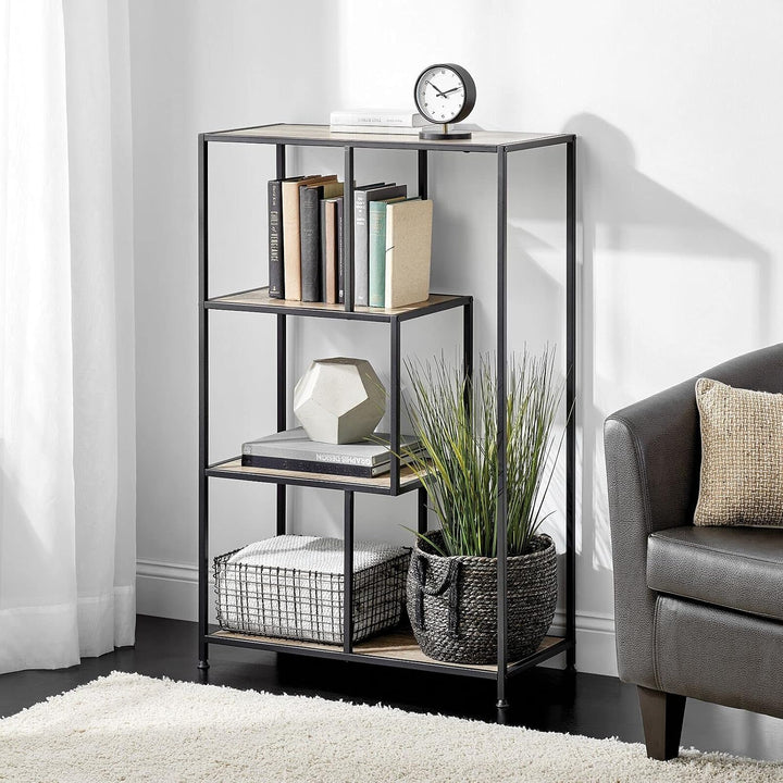 mDesign Bücherregal mit 4 Ebenen – kleines Bücherregal aus Metall und Holz – modernes Holzregal im I