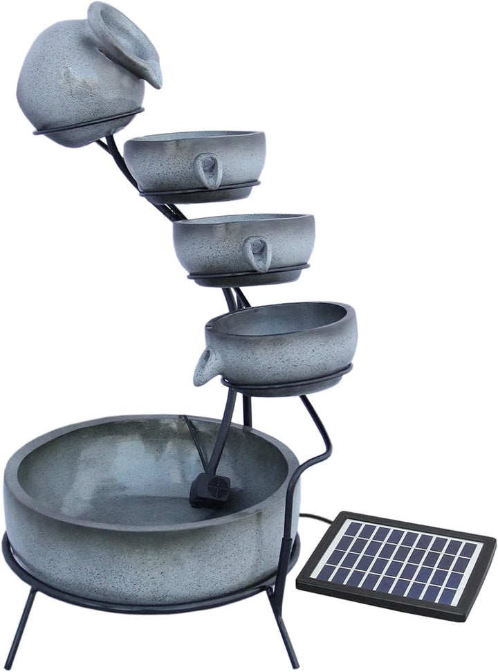 Kaskadenbrunnen 4-stufiger Wasserbrunnen Grau Solar-Wasserspiel mit überlaufenden Schalen Wasserbrun