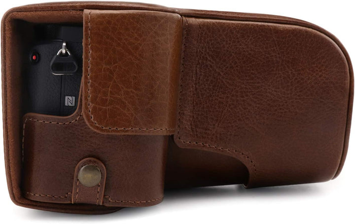 MegaGear Ever Ready Echtleder Kameratasche mit Trageriemen kompatibel mit Sony Alpha A6600 Dunkelbra