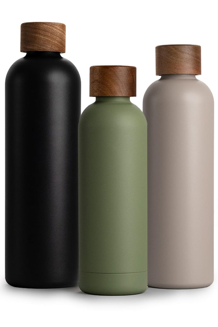 T&N Edelstahl Trinkflasche 500ml, Thermosflasche 0.5l mit Akazienholz Deckel, Isolierte Wasserflasch