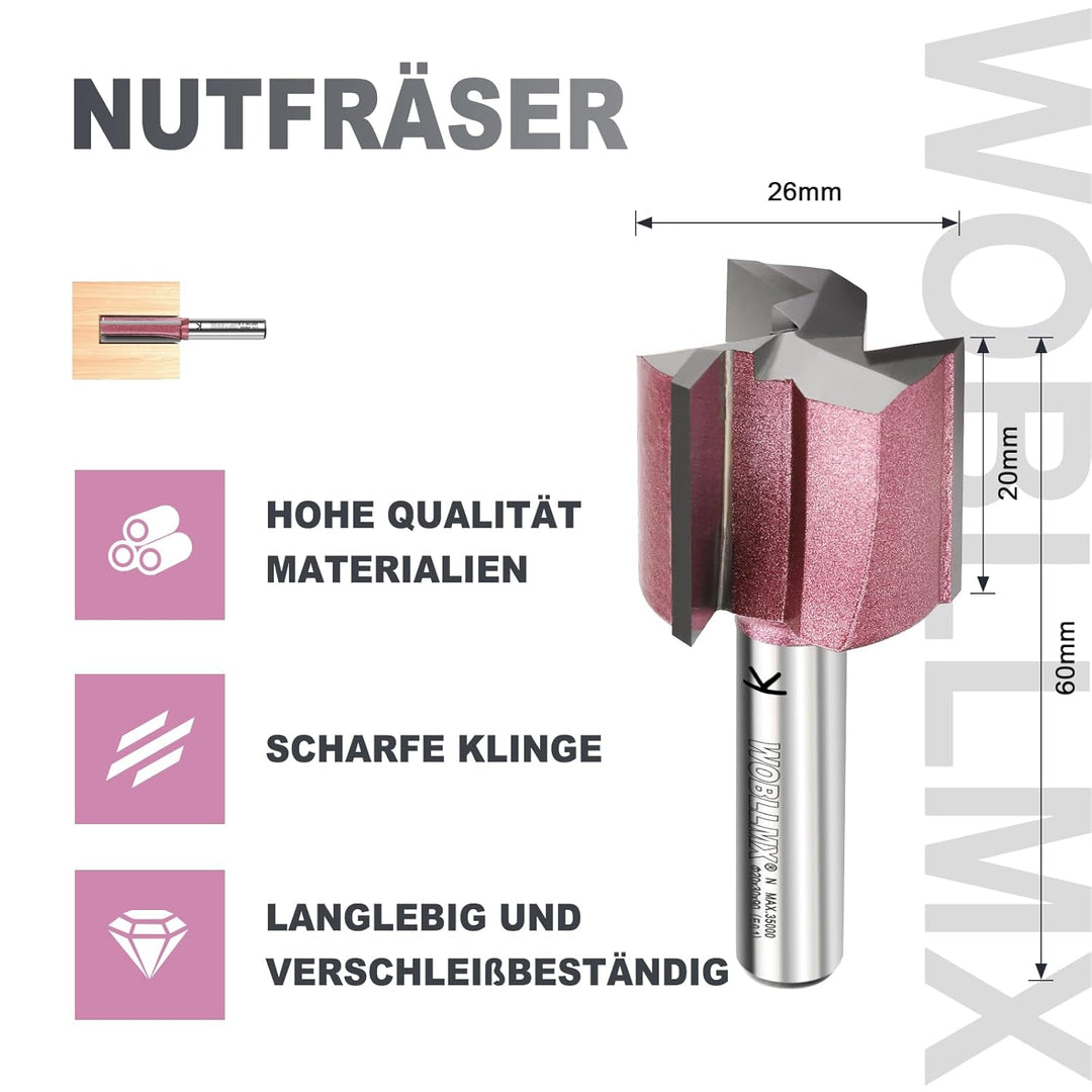3 Klingen Nutfräser 8mm Schaft,Ø26mm Arbeitslänge 20mm Professional Hartmetall Bestückt Nutfräser St
