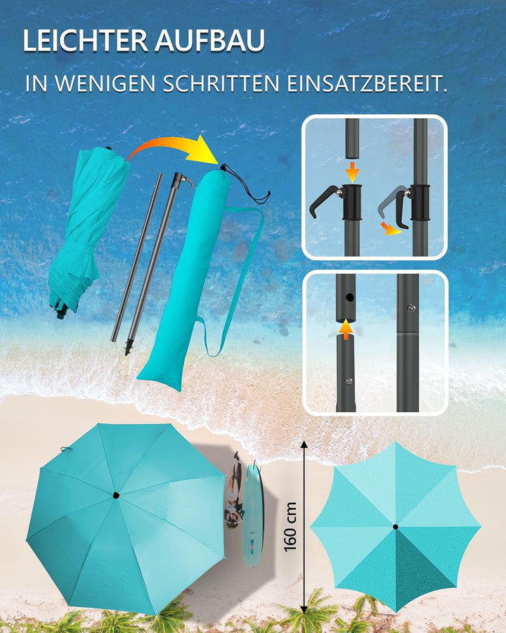 4smile Sonnenschirm Strand Ø 160 cm - UPF 50+ Praktischer Reise Sonnenschirm für Koffer - Funktionel