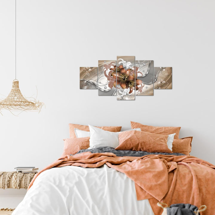 Runa Art Wandbilder Blumen Lilien 5 Teilig Bild auf Vlies Leinwand Deko Wohnzimmer Abstrakt Beige Br