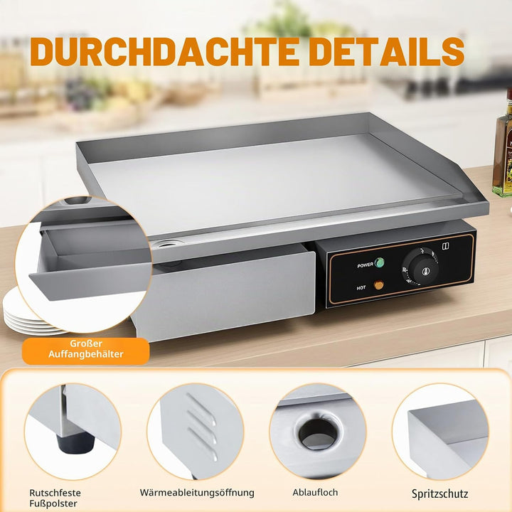 Grillplatte Elektrisch glatt Bratplatte, Elektrogrill mit 55 x 34 cm Grillfläche aus Gusseisen,Profi
