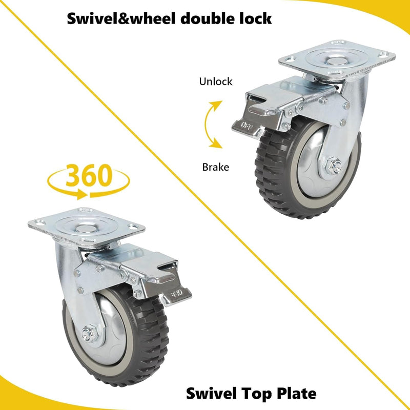 uyoyous 4PCS Schwerlastrollen 150mm Transportrollen Möbelrollen Vollgummi Rollen 2 Bremsrollen 2 Len