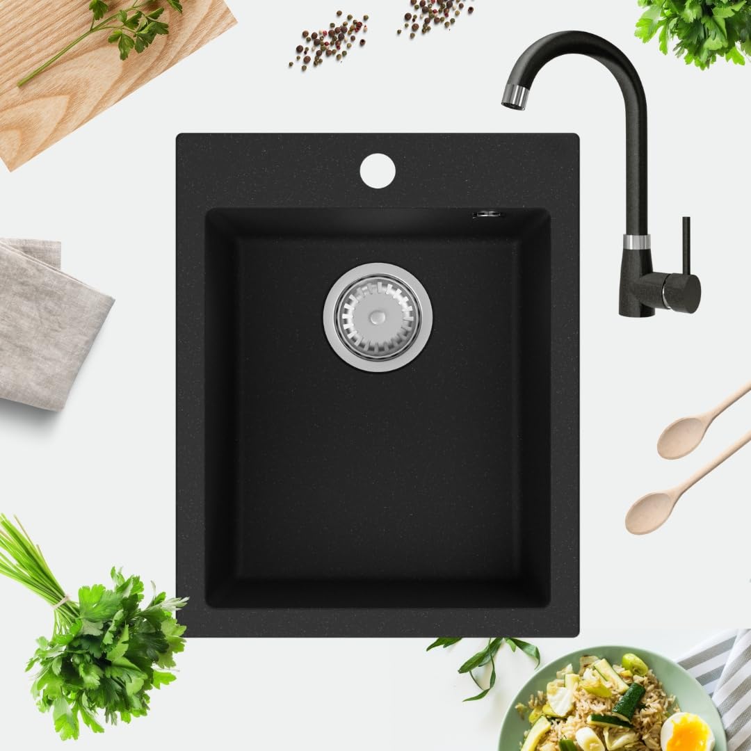 GRANMASTER Ivo Granitspüle 1 Becken mit Armatur und Siphon - Spülbecken Arbeitsplatte Küche Waschbec