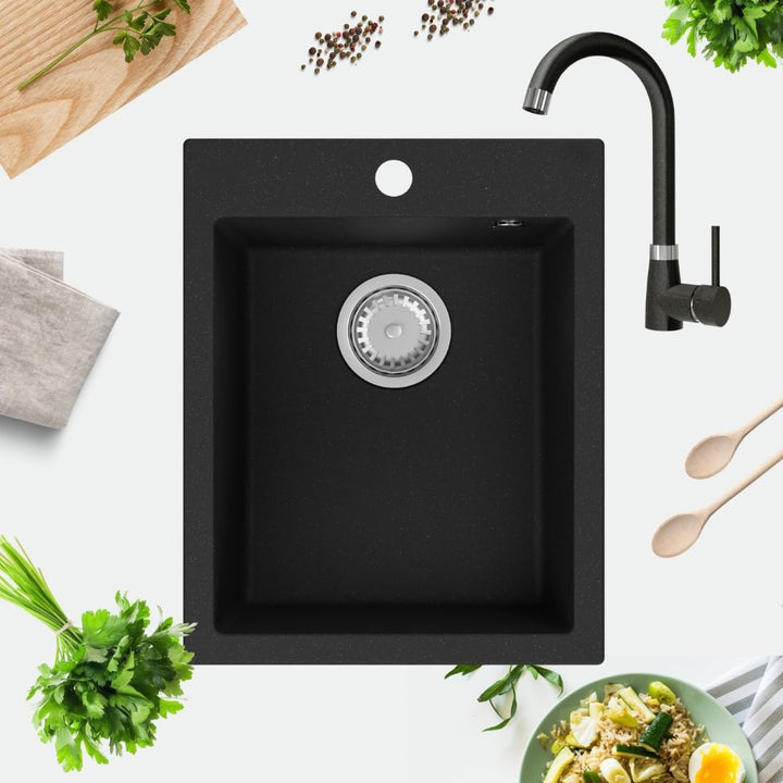GRANMASTER Ivo Granitspüle 1 Becken mit Armatur und Siphon - Spülbecken Arbeitsplatte Küche Waschbec