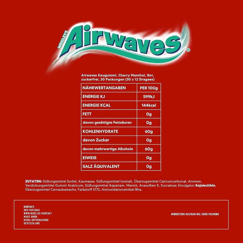 Airwaves Cherry Menthol, rot, zuckerfreier Kaugummi, fruchtige Minzfrische, 30 Packungen x 12 Dragee