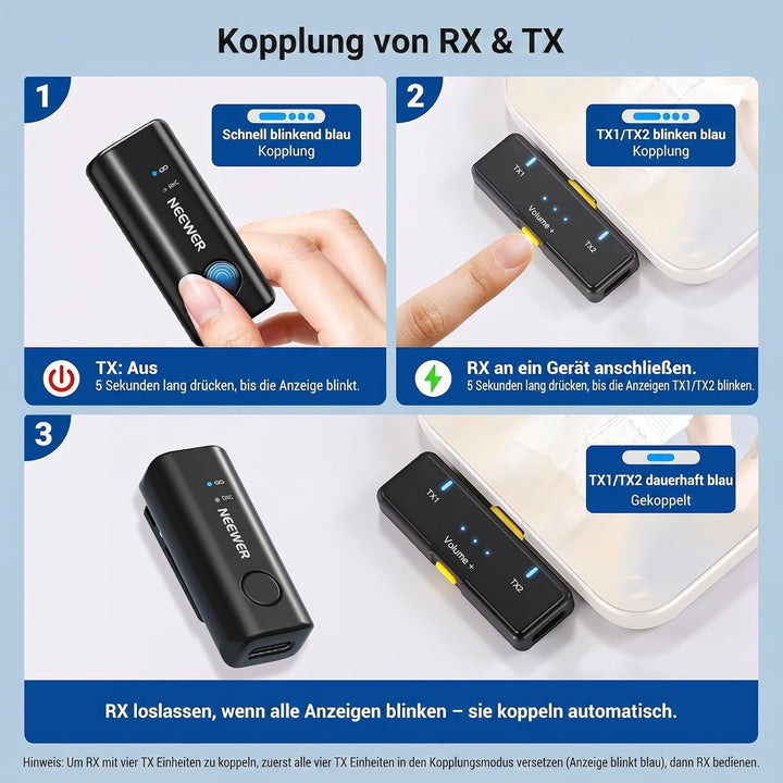 NEEWER KM23C AI Drahtloses Lavalier Mikrofon Kompatibel mit iPhone Android Tablet PC Laptop, omnidir