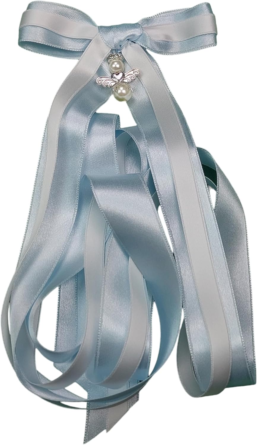 Taufschleife, zweifarbige Rosette mit Schutzengel aus Grace of Sweden (hellblau), Hellblau