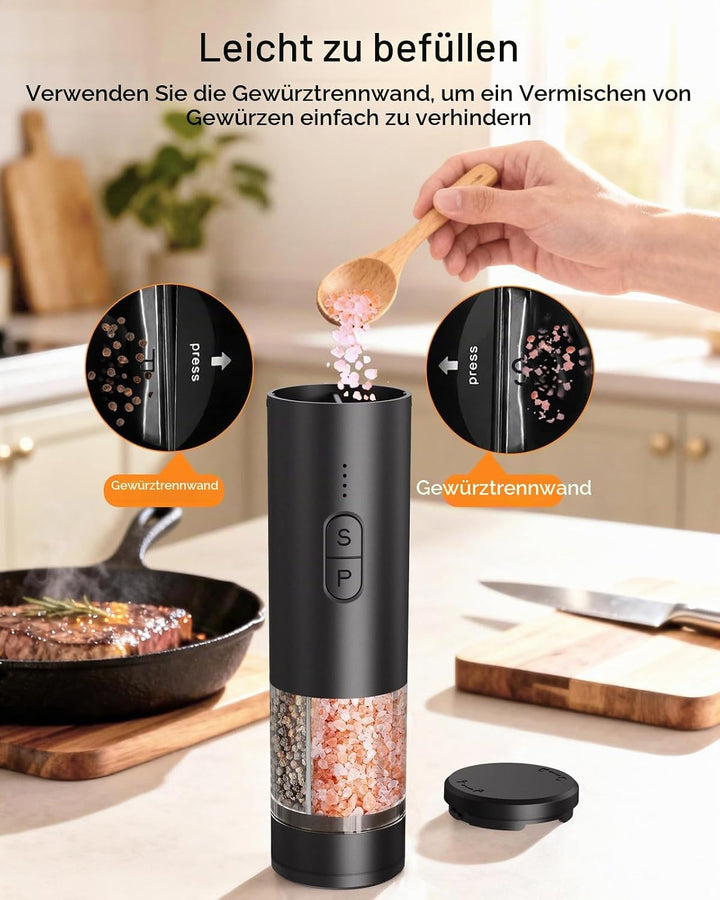 AMOSA Salz und Pfeffermühle Elektrisch, 2-in-1 Doppelbehälter USB Aufladbar, Nachfüllbar Automatisch