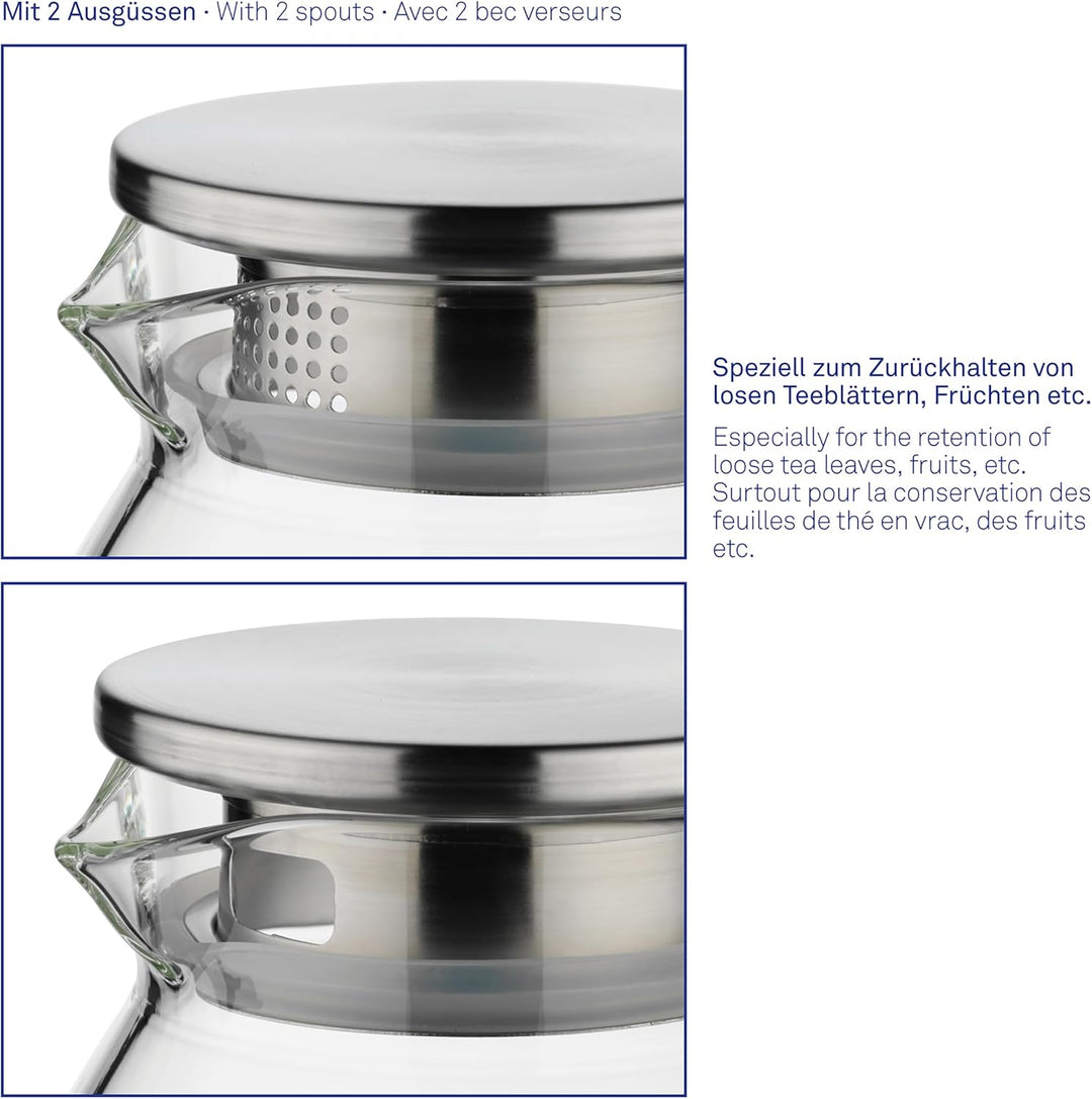 kela Glaskaraffe mit Deckel 1,2 L LUNA, Glaskrug hitzebeständig, 2 Ausguss-Öffnungen, Wasserkaraffe