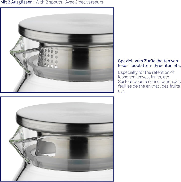 kela Glaskaraffe mit Deckel 1,2 L LUNA, Glaskrug hitzebeständig, 2 Ausguss-Öffnungen, Wasserkaraffe