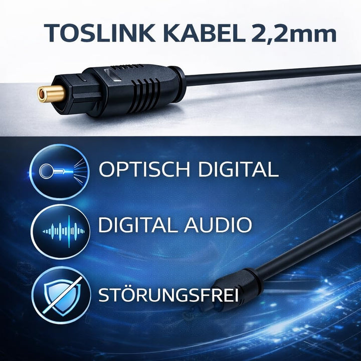 PerfectHD Hochwertiges schwarzes Toslink-Kabel – 2,2mm Durchmesser – Optisches Digitalkabel für TV,