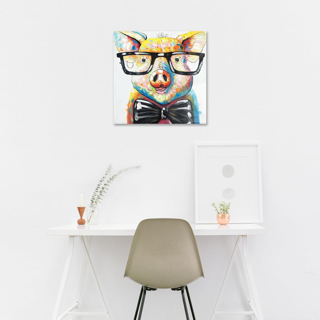 Fokenzary handbemalt Cute Pig mit Brille Pop Art Wand Leinwand Gemälde gerahmt fertig zum Aufhngen 1