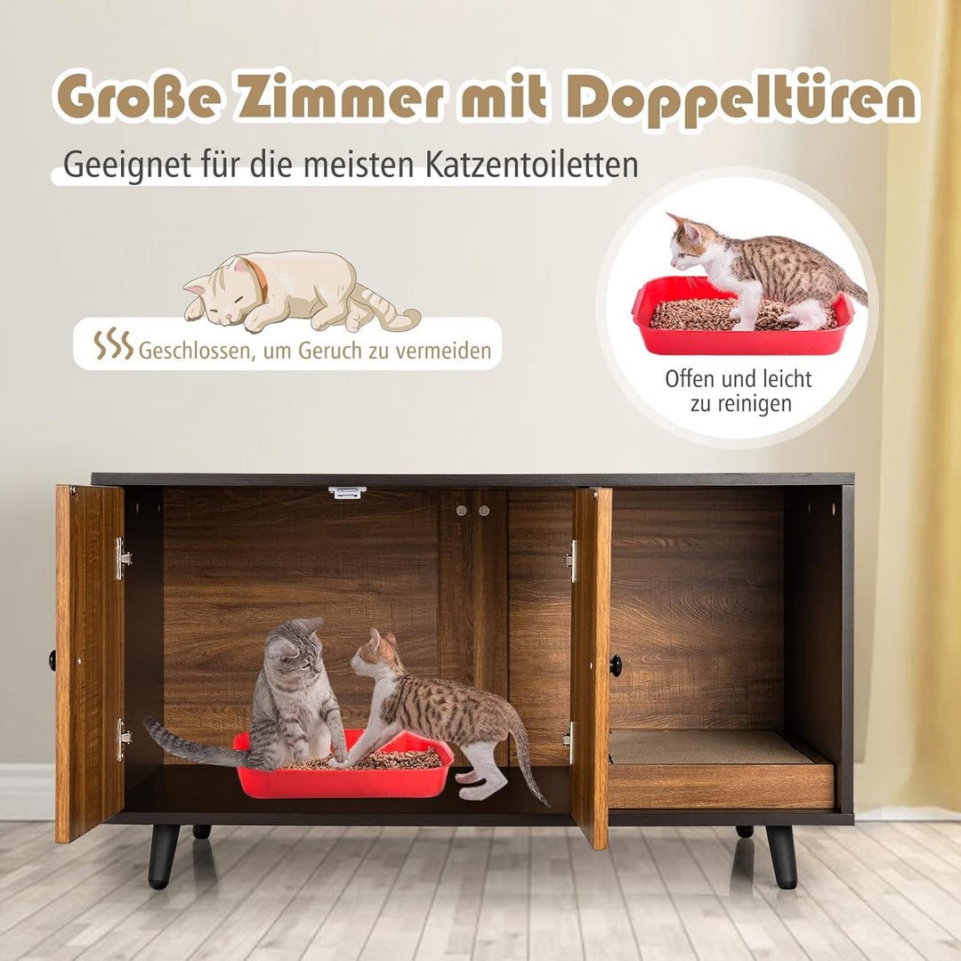 GOPLUS 2 in 1 Katzenschrank für Katzentoilette, Katzenhaus Holz mit Türen, Stahlbeine, abnehmbare Kr